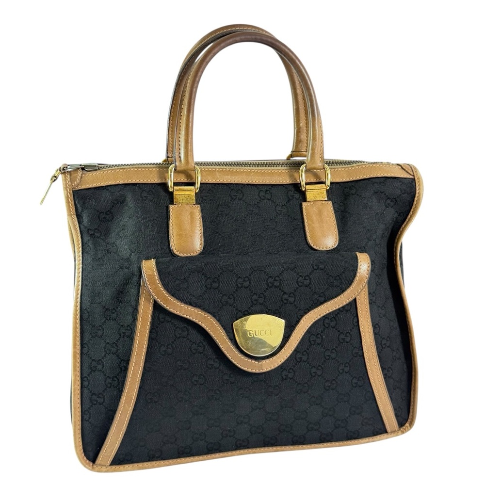 70'S Hard to Find GUCCI Vintage Black GG Canvas Satchel Bag Made in Italy